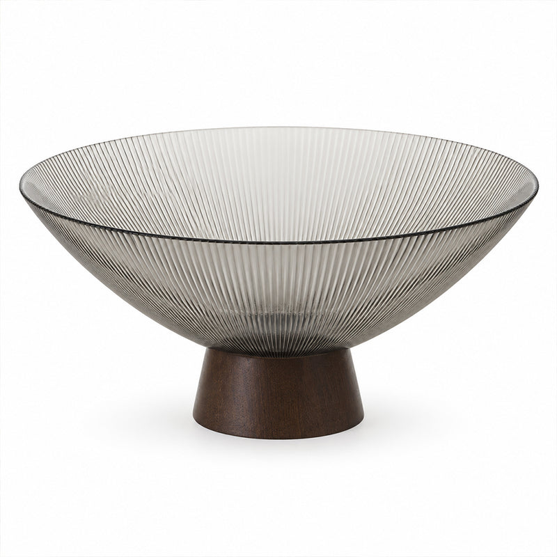 Ribbed Glass Fruit Bowl with Wooden Pedestal - 26cm