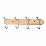 Wood & Chrome 4-Hook Wall Coat Rack for Keys, Bags & Towels