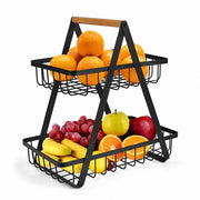2-Tier Countertop Fruit Basket with Wooden Handle – Black Metal Kitchen Storage Rack