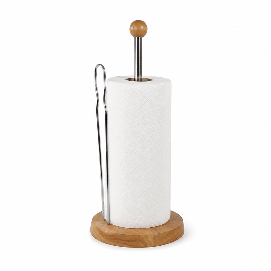 Wooden Countertop Paper Towel Holder with Chrome Rod & Side Support
