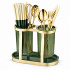 Twin Cup Cutlery and Utensil Holder with Drip Tray - Gold & Green