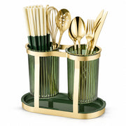 Twin Cup Cutlery and Utensil Holder with Drip Tray - Gold & Green