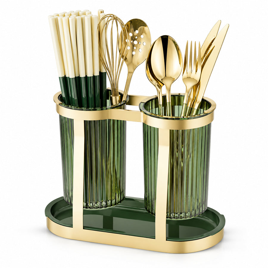 Twin Cup Cutlery and Utensil Holder with Drip Tray - Gold & Green