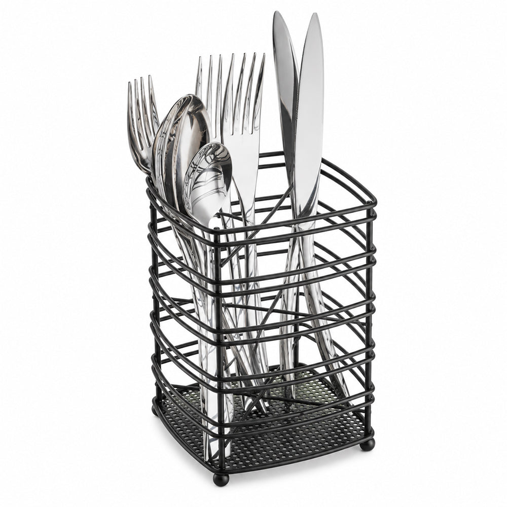 Steel Cutlery Holder with Drain Base for Spoons, Forks & Knives - Black
