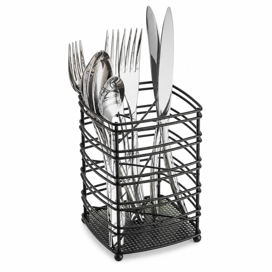 Steel Cutlery Holder with Drain Base for Spoons, Forks & Knives - Black