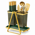 Double Cutlery and Utensil Holder with Drip Tray - Gold & Green