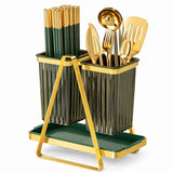 Double Cutlery and Utensil Holder with Drip Tray - Gold & Green