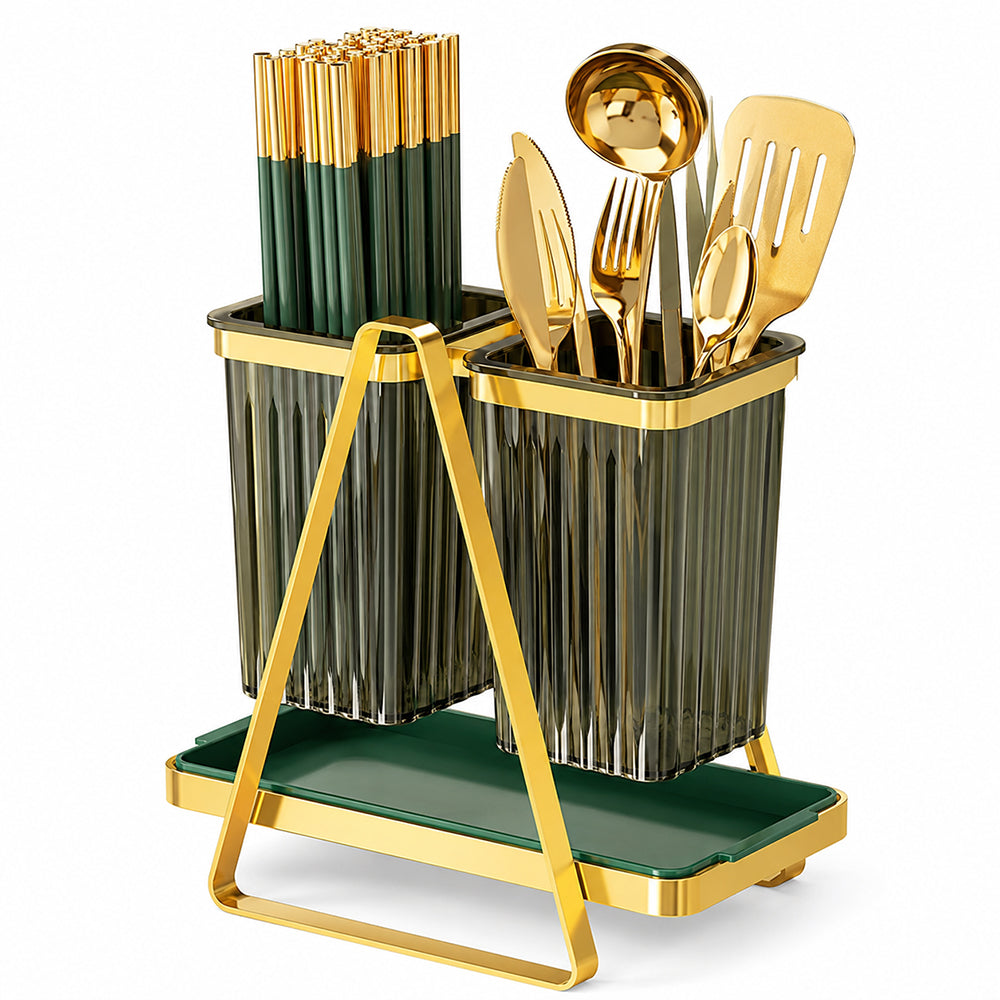 Double Cutlery and Utensil Holder with Drip Tray - Gold & Green