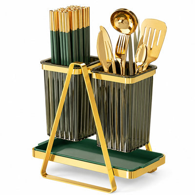 Double Cutlery and Utensil Holder with Drip Tray - Gold & Green