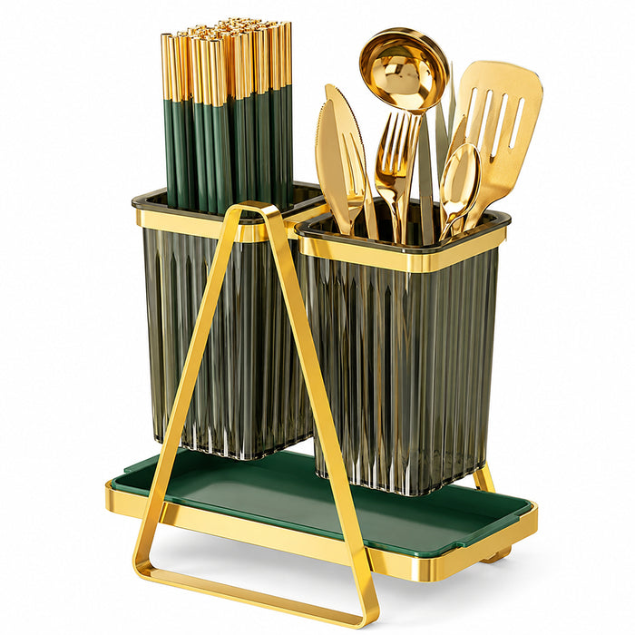 Double Cutlery and Utensil Holder with Drip Tray - Gold & Green