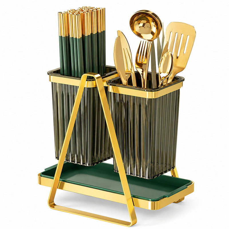 Double Cutlery and Utensil Holder with Drip Tray - Gold & Green