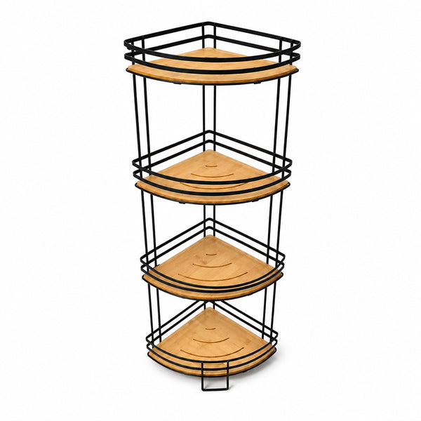 Bamboo & Metal 4-Tier Corner Shelf Organizer - Black & Natural