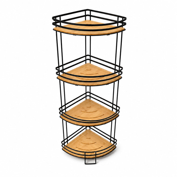 Bamboo & Metal 4-Tier Corner Shelf Organizer - Black & Natural