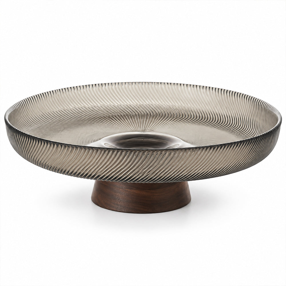 Ribbed Glass Fruit Plate with Wooden Pedestal - 25.5cm