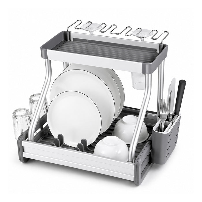 Aluminium 2-Tier Dish Drying Rack with Cup & Cutlery Holders