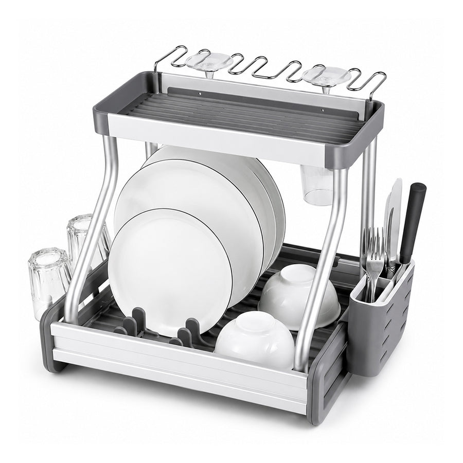 Aluminium 2-Tier Dish Drying Rack with Cup & Cutlery Holders