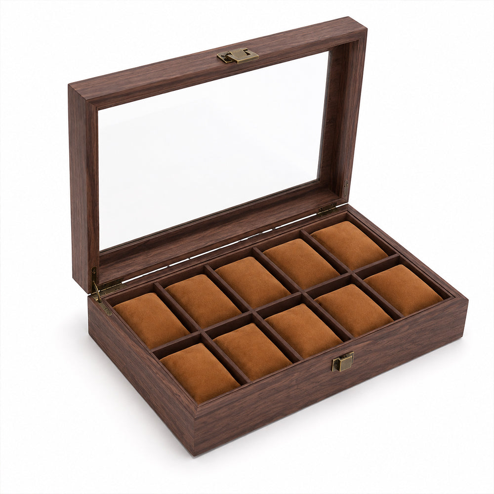 10-Slot Wooden Watch Storage Box with Glass Display Lid