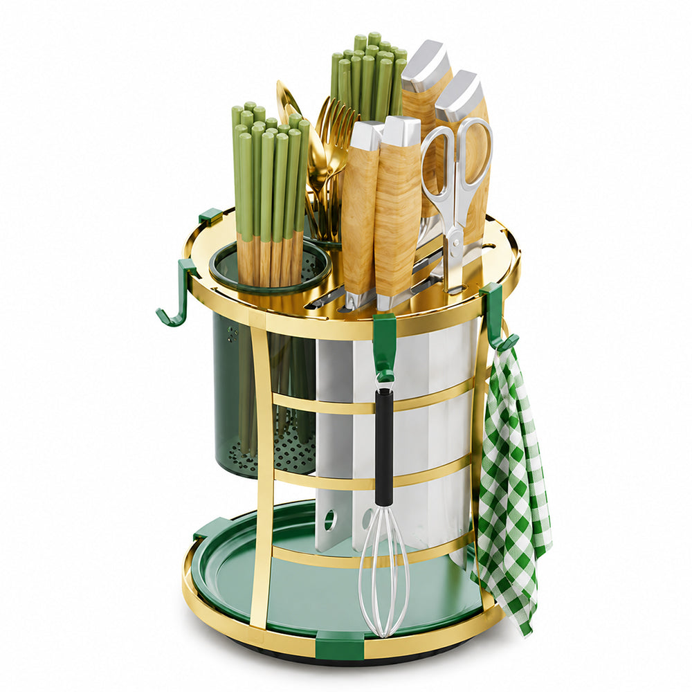Round Cutlery and Knife Holder with Drain Tray - Gold & Green