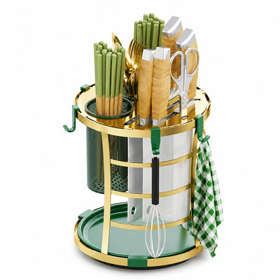 Round Cutlery and Knife Holder with Drain Tray - Gold & Green