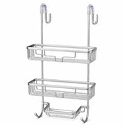 2-Tier Aluminium Hanging Shower Shelf with Soap Tray & Hooks - Silver