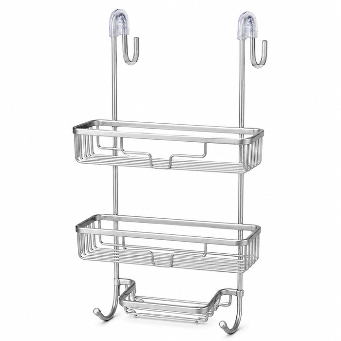2-Tier Aluminium Hanging Shower Shelf with Soap Tray & Hooks - Silver