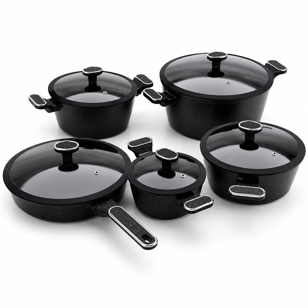 10 Pieces Premium Speckled Non-Stick Cookware Set with Glass Lids - Black