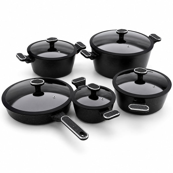 10 Pieces Premium Speckled Non-Stick Cookware Set with Glass Lids - Black