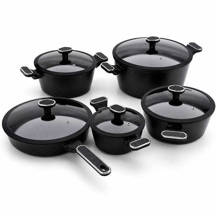 10 Pieces Premium Speckled Non-Stick Cookware Set with Glass Lids - Black