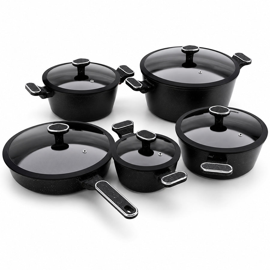 10 Pieces Premium Speckled Non-Stick Cookware Set with Glass Lids - Black