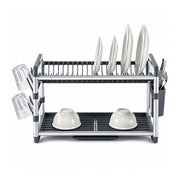 Aluminium 2-Tier Dish Drying Rack with Cutlery & Cup Holders - Silver & Grey