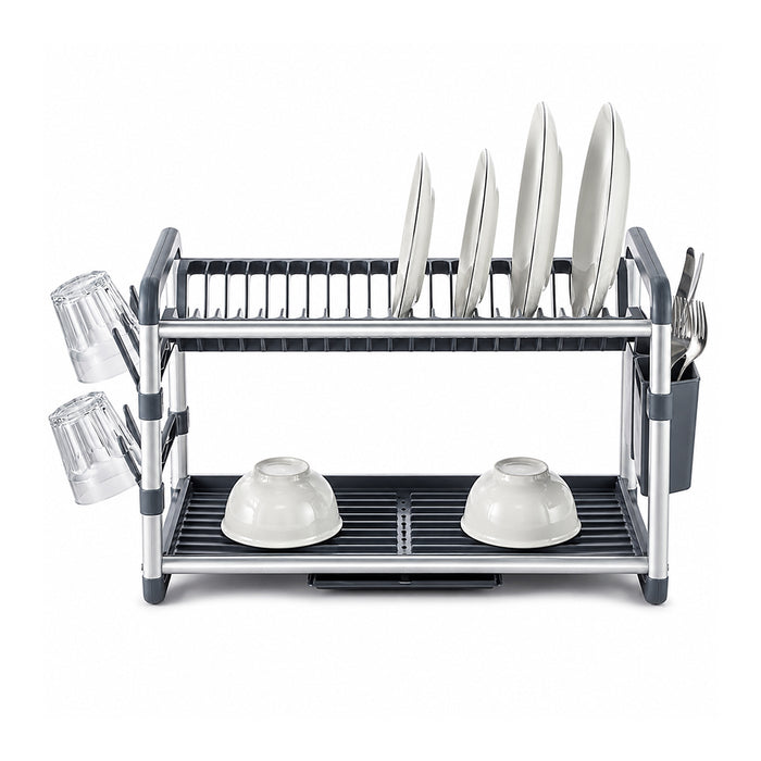 Aluminium 2-Tier Dish Drying Rack with Cutlery & Cup Holders - Silver & Grey