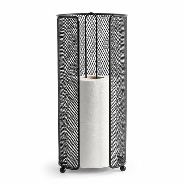Standing Toilet Paper Roll Holder with Storage - Black Freestanding Bathroom Tissue Organizer