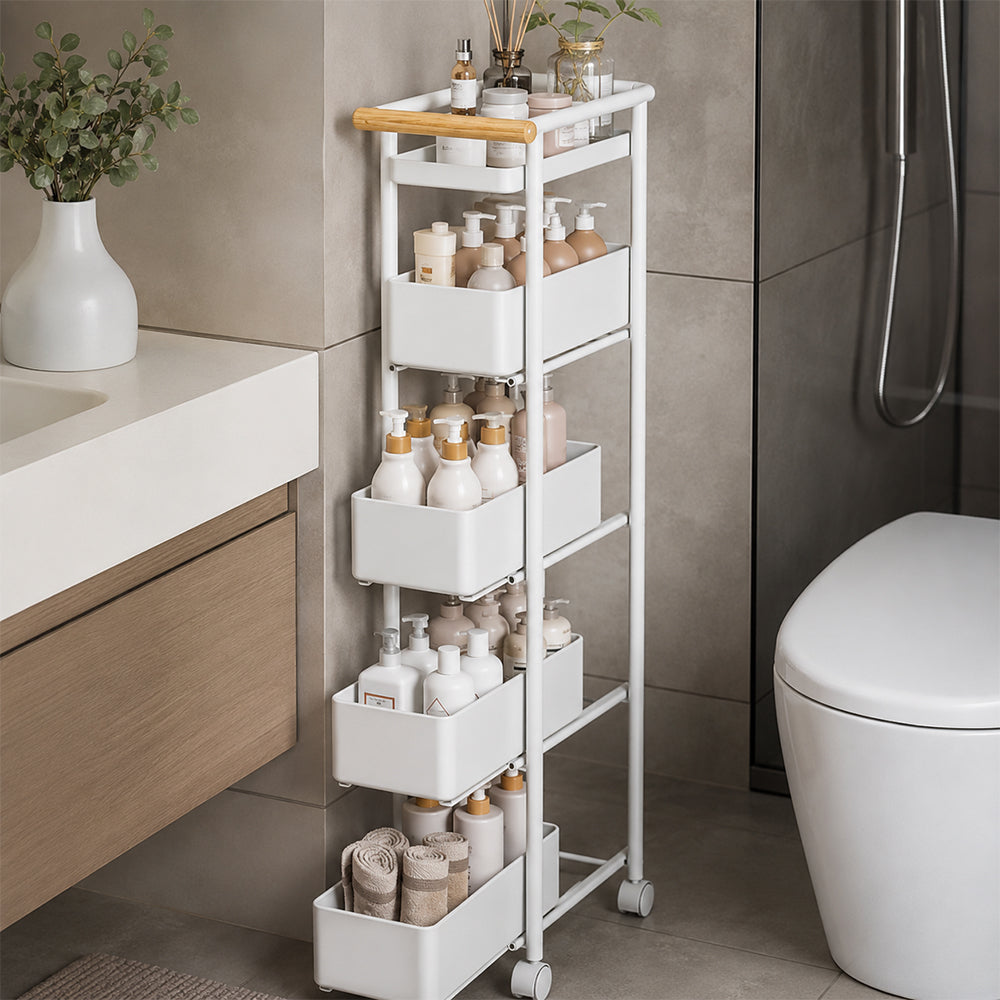 5-Tier Slim  Rolling Storage Trolley with Baskets for Bathroom & Kitchen