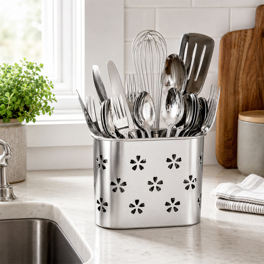 Stainless Steel Cutlery Holder with Drain Holes for Spoons, Forks & Chopsticks