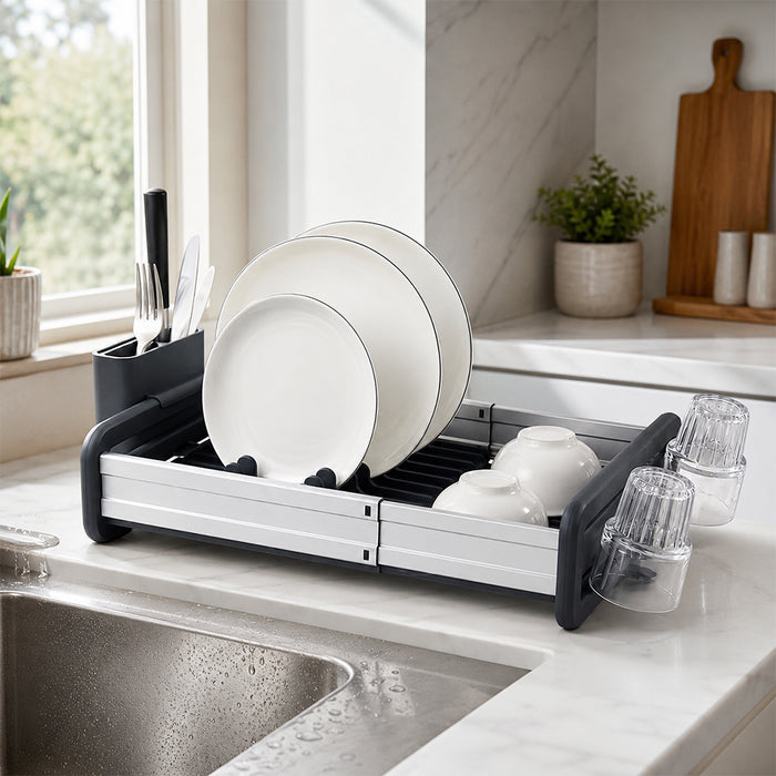 Extendable Stainless Steel Dish Drying Rack with Cup & Cutlery Holders