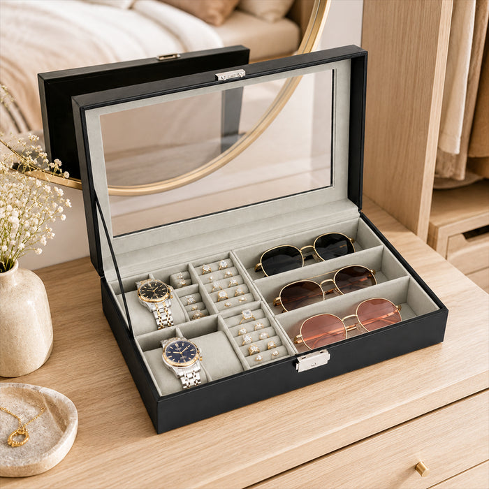 Jewellery, Watch & Sunglasses Storage Display Box with Glass Lid
