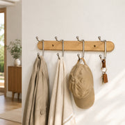 Wood & Chrome 4-Hook Wall Coat Rack for Keys, Bags & Towels
