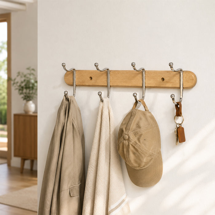 Wood & Chrome 4-Hook Wall Coat Rack for Keys, Bags & Towels