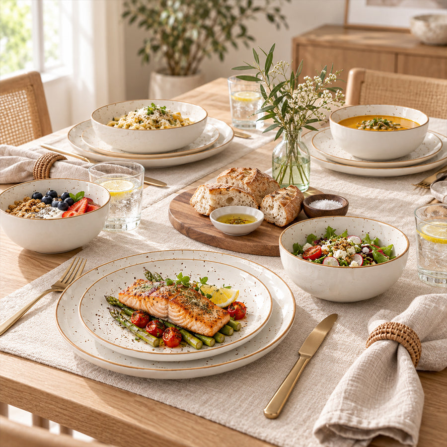 12-Piece Ivory Speckled Porcelain Dinnerware
