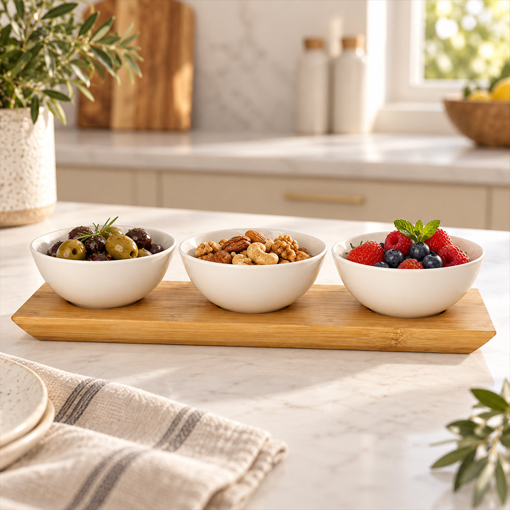 4-Piece Bamboo Tray & Ceramic Serving Bowl Set