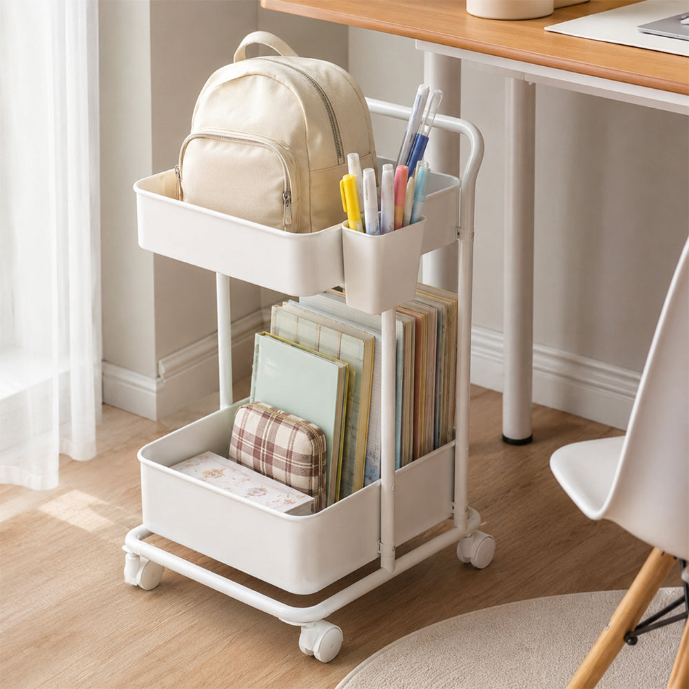 2-Tier Rolling Storage Trolley with Side Holder - White
