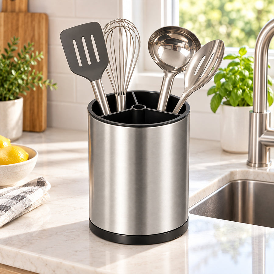 360° Rotating Cutlery & Utensil Holder with Drainage - 16cm