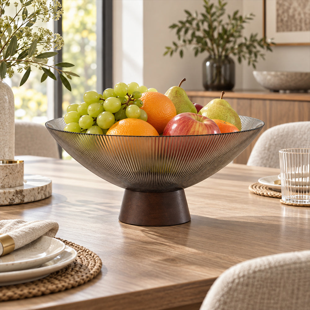 Ribbed Glass Fruit Bowl with Wooden Pedestal - 26cm