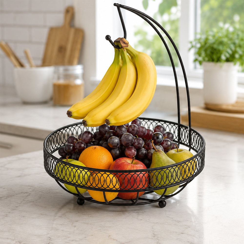 Countertop Fruit Basket with Banana Hanger - Black
