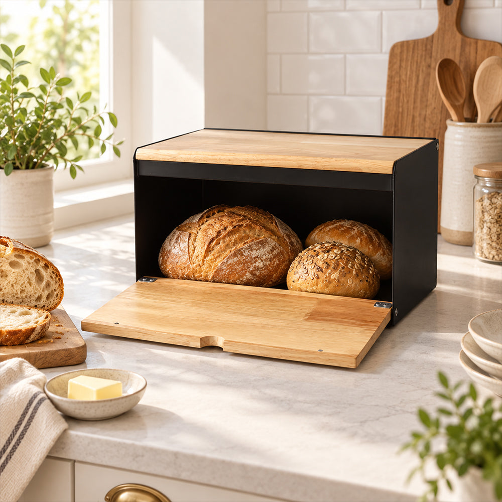 Stainless Steel Bread Bin with Wooden Lid 35.6cm