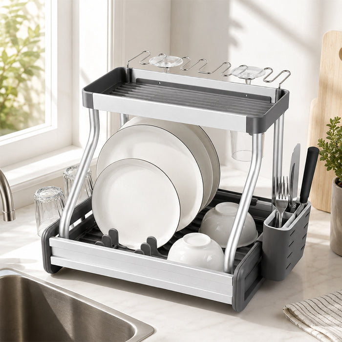 Aluminium 2-Tier Dish Drying Rack with Cup & Cutlery Holders