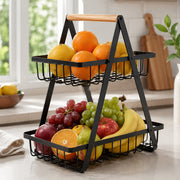 2-Tier Countertop Fruit Basket with Wooden Handle – Black Metal Kitchen Storage Rack