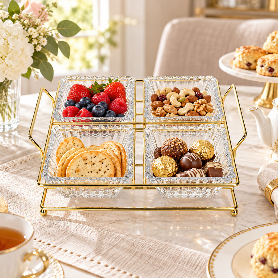 5-Piece Glass Serving Bowl Set with Metal Stand - 250ml