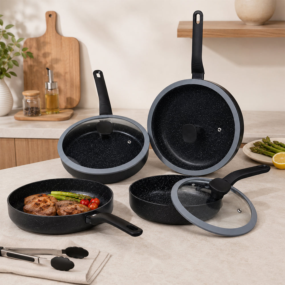 6-Piece Speckled Non-Stick Frying Pan Set with Glass Lids - Black & Grey