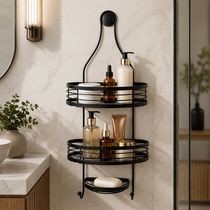 Hanging Iron Bathroom Storage Rack 2-Tier with Soap Holder - Black
